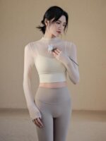 Bylure 화이트 요가 상의 가짜 투피스 하이 칼라 메시 가슴 패드 필라테스 트레이닝 수트 피트니스 수트 여성 - 이미지 2