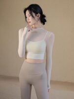 Bylure 화이트 요가 상의 가짜 투피스 하이 칼라 메시 가슴 패드 필라테스 트레이닝 수트 피트니스 수트 여성 - 이미지 3