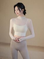 Bylure 화이트 요가 상의 가짜 투피스 하이 칼라 메시 가슴 패드 필라테스 트레이닝 수트 피트니스 수트 여성 - 이미지 4