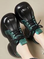 여성용 정품 가죽 두꺼운 밑창 플랫폼 슈즈 봄과 가을 신상품 레트로 하이힐 소가죽 싱글 슈즈 둥근 발가락 캐주얼 다용도 로우탑 가죽 슈즈