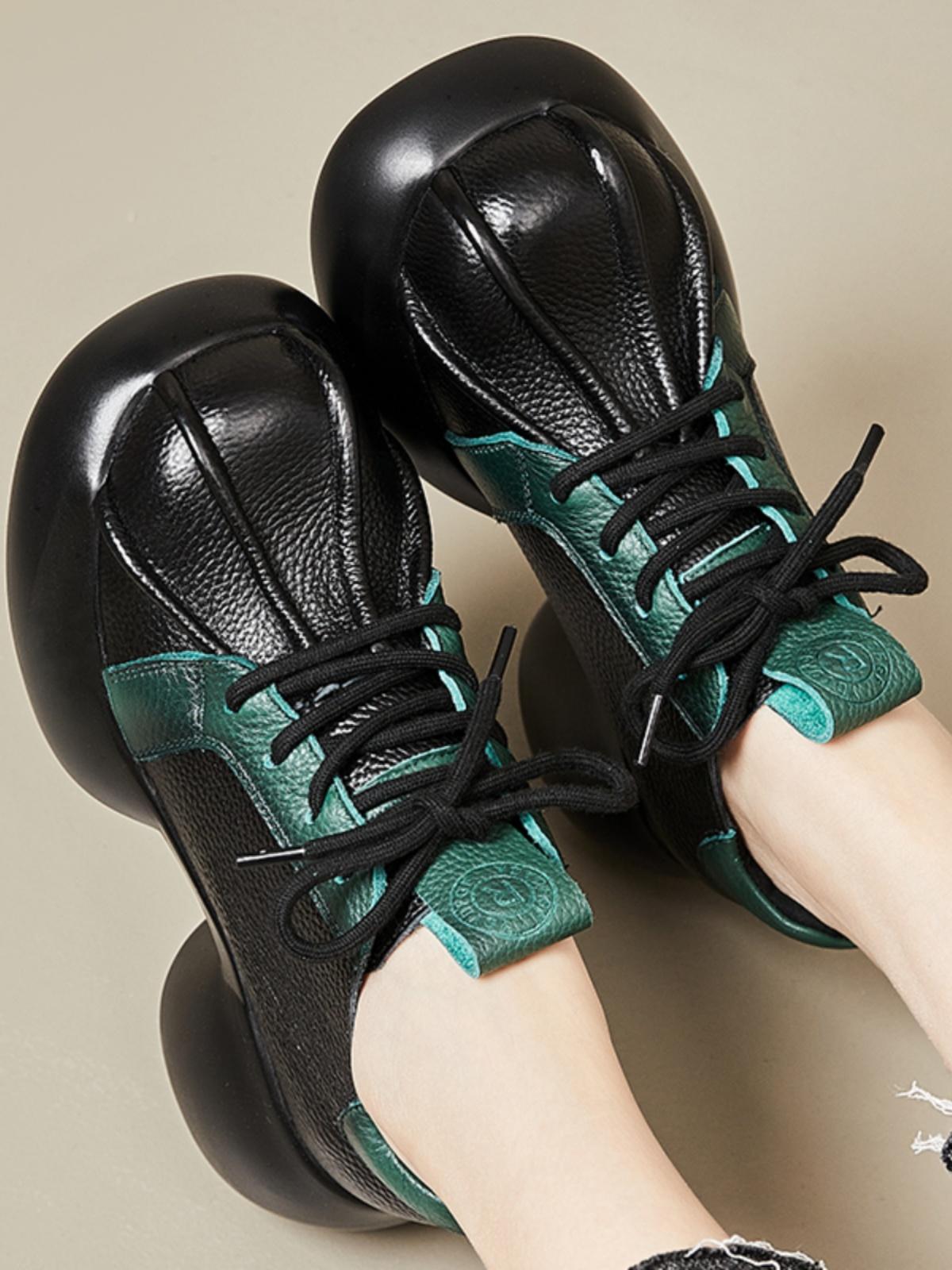 main_762418215044_0 여성용 정품 가죽 두꺼운 밑창 플랫폼 슈즈 봄과 가을 신상품 레트로 하이힐 소가죽 싱글 슈즈 둥근 발가락 캐주얼 다용도 로우탑 가죽 슈즈 - 이미지 1