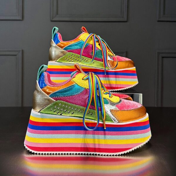 유럽식 스테이션 레인보우 컬러 두꺼운 바닥 플랫폼 슈즈 여성 봄 가을 신상 정품 가죽 올매치 하이닝 캐주얼 스포츠 싱글 슈즈 트렌드