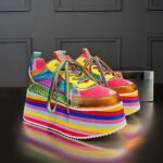 유럽식 스테이션 레인보우 컬러 두꺼운 바닥 플랫폼 슈즈 여성 봄 가을 신상 정품 가죽 올매치 하이닝 캐주얼 스포츠 싱글 슈즈 트렌드 - 이미지 3