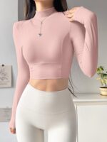 KAYANTY 홀로우 백 요가 슈트 런닝 트레이닝 피트니스 긴팔 작은 하이 칼라 가슴 패드 스포츠 탑 여성용 - 이미지 4