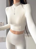 KAYANTY 홀로우 백 요가 슈트 런닝 트레이닝 피트니스 긴팔 작은 하이 칼라 가슴 패드 스포츠 탑 여성용 - 이미지 5