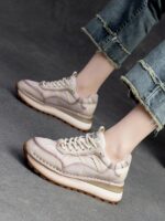 2024 봄과 가을 신상품 레드 소가죽 대디 슈즈 여성용 가벼운 올매치 스포츠 여행화 정품 가죽 두꺼운 밑창 캐주얼화 - 이미지 3