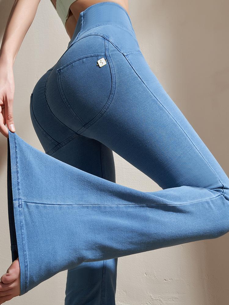 main_780423919219_0 Youyoumeat 데님 피치 힙 마이크로 플레어 요가 팬츠 아웃도어용 하이웨이스트 힙 리프팅 피트니스 팬츠 속건 스포츠 팬츠 여성용 - 이미지 1