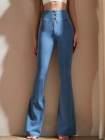 Youyoumeat 데님 피치 힙 마이크로 플레어 요가 팬츠 아웃도어용 하이웨이스트 힙 리프팅 피트니스 팬츠 속건 스포츠 팬츠 여성용 - 이미지 3