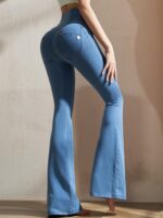 Youyoumeat 데님 피치 힙 마이크로 플레어 요가 팬츠 아웃도어용 하이웨이스트 힙 리프팅 피트니스 팬츠 속건 스포츠 팬츠 여성용 - 이미지 5