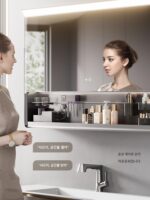 조명 기술이 적용된 견고한 목재 페인트 스마트 거울 캐비닛 현대식 핸드 스윕 음성 제어 리프트 변기 맞춤형 욕실 캐비닛 - 이미지 4