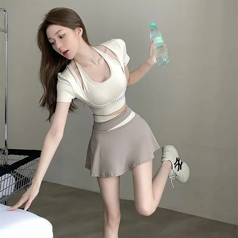 main_799290483876_0-1 요가 수트 스커트 수트 여성 가슴 패드 안티노출 레깅스 2024 새로운 스타일 네트 셀러브리티 반팔 스포츠 피트니스 의류 - 이미지 1