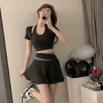 요가 수트 스커트 수트 여성 가슴 패드 안티노출 레깅스 2024 새로운 스타일 네트 셀러브리티 반팔 스포츠 피트니스 의류 - 이미지 3