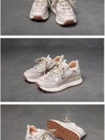 정품 가죽 여성화 1층 소가죽 2024년 신상 캐주얼 봄 가을 레이스업 미끄럼 방지 두꺼운 바닥 통기성 메시 웨지힐 싱글화 - 이미지 3