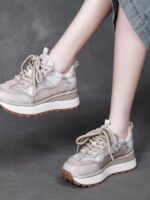 정품 가죽 여성화 1층 소가죽 2024년 신상 캐주얼 봄 가을 레이스업 미끄럼 방지 두꺼운 바닥 통기성 메시 웨지힐 싱글화 - 이미지 4