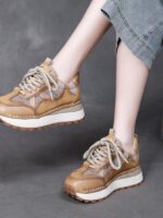 정품 가죽 여성화 1층 소가죽 2024년 신상 캐주얼 봄 가을 레이스업 미끄럼 방지 두꺼운 바닥 통기성 메시 웨지힐 싱글화 - 이미지 5