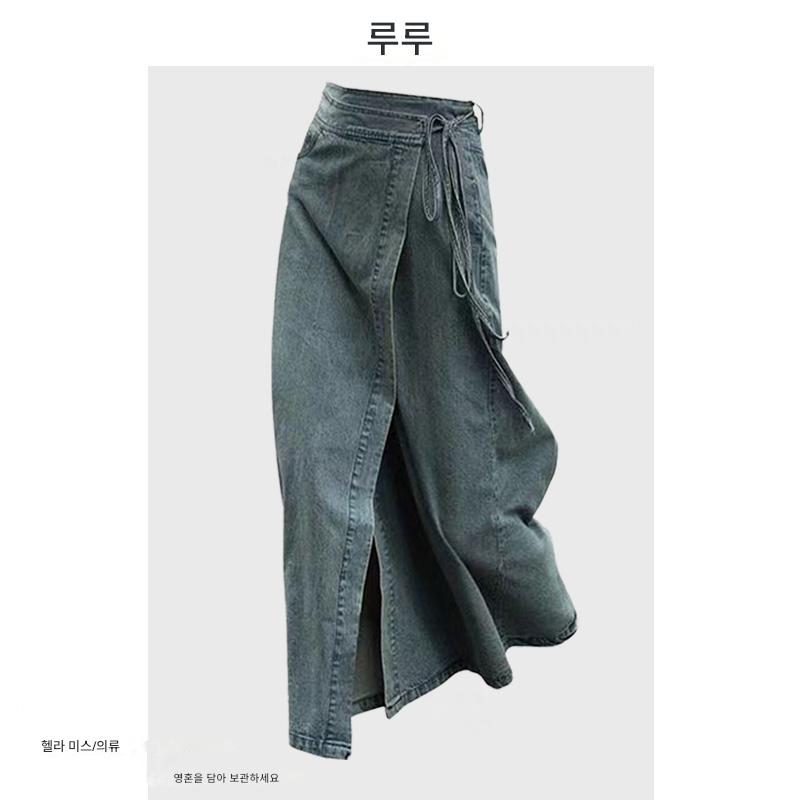 main_803147105486_0-1 레트로 시크 데님 스커트 여성 봄과 가을 2024 새로운 하이웨이스트 슬리밍 스트랩 디자인 니치 슬릿 스커트 - 이미지 1