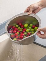 세척 및 배수 스위치, 손 화상 없이 빠르게 배수] 두꺼워진 304 스테인리스 쌀, 과일 및 야채 세척대 배수 바구니 - 이미지 4