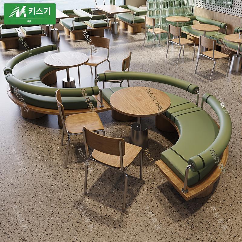 main_810783319928_0-1 맞춤형 통나무 스타일 커피숍 견고한 목재 반원형 부스 소파 밀크티 스낵바 협상 여가 스테인리스 스틸 테이블과 의자 - 이미지 1
