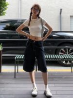 여성용 미국 스타일 블랙 데님 반바지 여름 하이웨이스트 슬림 스트레이트 루즈 올매치 5포인트 와이드 레그 팬츠