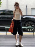 여성용 미국 스타일 블랙 데님 반바지 여름 하이웨이스트 슬림 스트레이트 루즈 올매치 5포인트 와이드 레그 팬츠 - 이미지 2