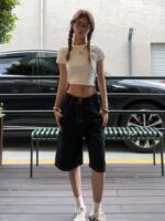 여성용 미국 스타일 블랙 데님 반바지 여름 하이웨이스트 슬림 스트레이트 루즈 올매치 5포인트 와이드 레그 팬츠 - 이미지 3