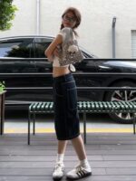 여성용 미국 스타일 블랙 데님 반바지 여름 하이웨이스트 슬림 스트레이트 루즈 올매치 5포인트 와이드 레그 팬츠 - 이미지 4