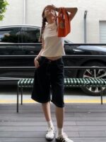 여성용 미국 스타일 블랙 데님 반바지 여름 하이웨이스트 슬림 스트레이트 루즈 올매치 5포인트 와이드 레그 팬츠 - 이미지 5