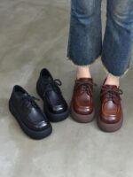 진왕 2025 봄 여름 신상 정품 가죽 로퍼 두꺼운 밑창 레이스업 싱글 슈즈 캐주얼 레트로 올매치 가죽 슈즈 여성용 - 이미지 4