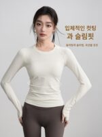 가을과 겨울 여성용 이음매 없는 피트니스 상의 긴팔 탄성 니트 스포츠 라운드넥 러닝 속건 요가복 여성용 티셔츠
