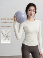 가을과 겨울 여성용 이음매 없는 피트니스 상의 긴팔 탄성 니트 스포츠 라운드넥 러닝 속건 요가복 여성용 티셔츠 - 이미지 2