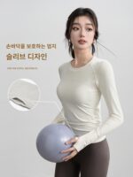 가을과 겨울 여성용 이음매 없는 피트니스 상의 긴팔 탄성 니트 스포츠 라운드넥 러닝 속건 요가복 여성용 티셔츠 - 이미지 4