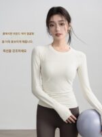 가을과 겨울 여성용 이음매 없는 피트니스 상의 긴팔 탄성 니트 스포츠 라운드넥 러닝 속건 요가복 여성용 티셔츠 - 이미지 5