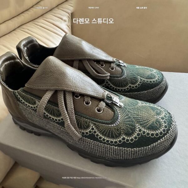 여성용 녹색 자수 가죽 신발, 에스닉 스타일, 틈새 두꺼운 밑창 신발, 조인트 와이드 레이스 스포츠 캐주얼 신발, 레트로 신발