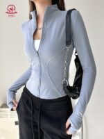 KAYANTY 가을 겨울 플러스 벨벳 스포츠 재킷 아웃도어 러닝 피트니스 상의 여성 트레이닝 캐주얼 스탠드 칼라 요가복