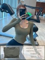 KAYANTY 요가복 가슴 패드 타이트 섹시 탄력 스포츠 긴팔 슬림 러닝 트레이닝 통기성 탑 - 이미지 2