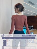 KAYANTY 요가복 가슴 패드 타이트 섹시 탄력 스포츠 긴팔 슬림 러닝 트레이닝 통기성 탑 - 이미지 3