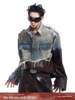 STARTEXCEEDEND 미국 레트로 디스트레스드 레더 데미지드 데님 재킷 남성 가을 겨울 더티 재킷