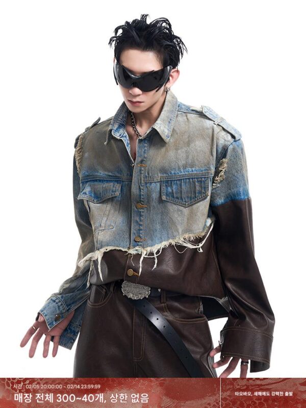 STARTEXCEEDEND 미국 레트로 디스트레스드 레더 데미지드 데님 재킷 남성 가을 겨울 더티 재킷