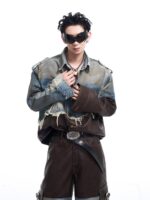 STARTEXCEEDEND 미국 레트로 디스트레스드 레더 데미지드 데님 재킷 남성 가을 겨울 더티 재킷 - 이미지 3