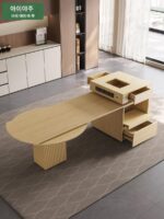 크림 스타일 전자동 솔리드 우드 록 플레이트 아일랜드 테이블 다이닝 테이블 통합 접이식 접이식 스마트 전기 음성 주방 바 - 이미지 3