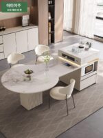 크림 스타일 전자동 솔리드 우드 록 플레이트 아일랜드 테이블 다이닝 테이블 통합 접이식 접이식 스마트 전기 음성 주방 바 - 이미지 2