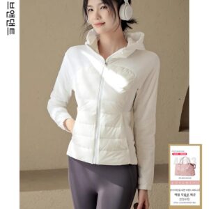 FervDant 여성용 경량 다운 재킷 흰색 요가 재킷 겨울 따뜻한 슬림핏 후드 지퍼 탑
