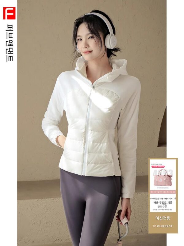 FervDant 여성용 경량 다운 재킷 흰색 요가 재킷 겨울 따뜻한 슬림핏 후드 지퍼 탑