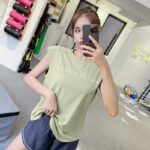 일본 CF 루즈 슬림 요가 반팔 여성용 블라우스 운동 셔츠 러닝룸 민소매 스포츠 피트니스 의류 상의 - 이미지 3