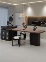 중세 호두나무 무늬 록보드 수납식 섬 테이블 식탁 통합 가정용 전자렌지 수납 다기능 식사 섬 - 이미지 2