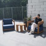 야외 티크 소파 안뜰 빌라 정원 견고한 나무 가구 야외 레저 침대 방수 선크림 조합 세트 - 이미지 3