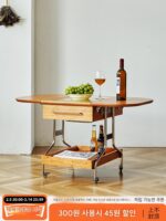 견고한 나무 이동식 접이식 커피 테이블 소형 아파트 거실 스테인리스 스틸 소파 코너 테이블 체리 나무 변형 트롤리