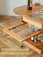 견고한 나무 이동식 접이식 커피 테이블 소형 아파트 거실 스테인리스 스틸 소파 코너 테이블 체리 나무 변형 트롤리 - 이미지 4