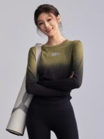 피트니스 걸스 가을 겨울 라운드넥 스포츠 탑 그라데이션 타이트 요가복 슬림 고탄력 러닝 티셔츠 트레이닝 긴팔 - 이미지 2