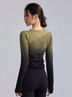 피트니스 걸스 가을 겨울 라운드넥 스포츠 탑 그라데이션 타이트 요가복 슬림 고탄력 러닝 티셔츠 트레이닝 긴팔 - 이미지 3